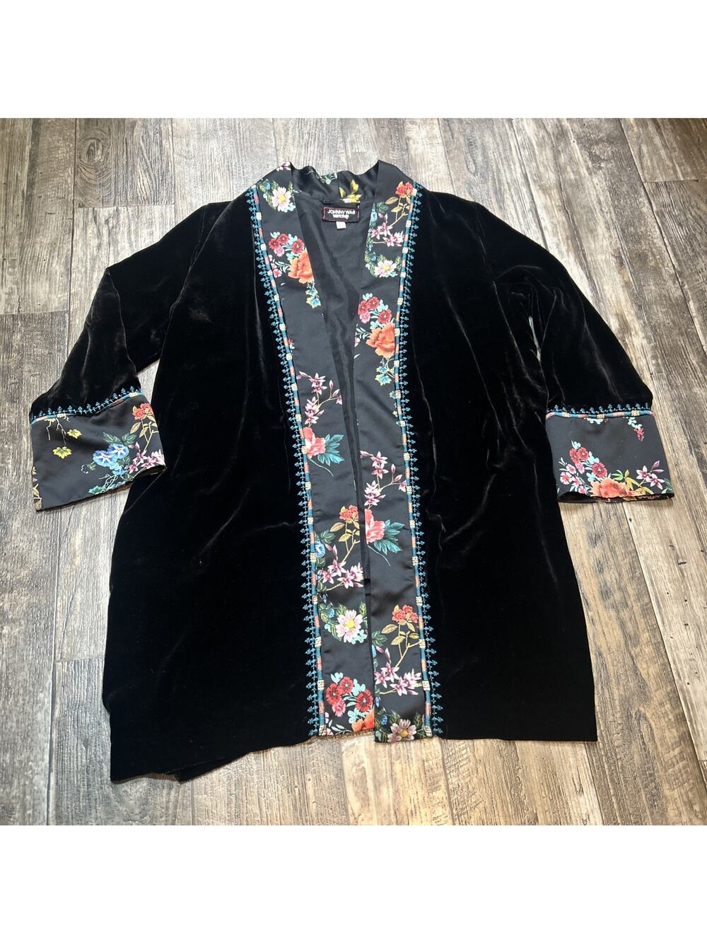 Johnny Was Workshop Floral Embroidered Velvet Trim Kimono Jacket Size Small